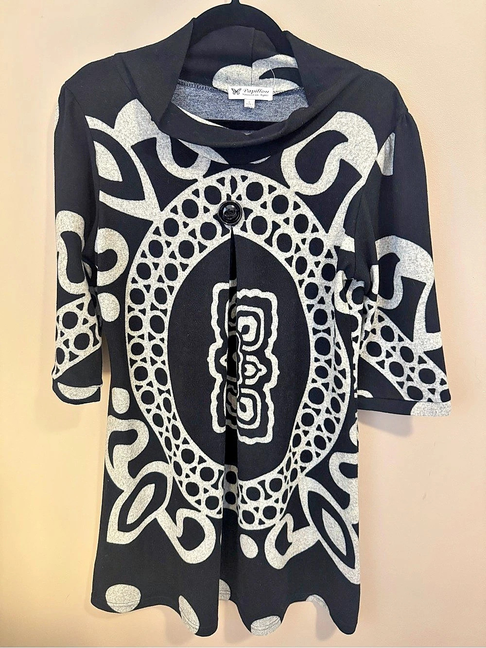 PAPILLION Black & Gray Abstract Boho Print Cowl Neck Sweater Tunic Dress LARGE L